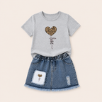 Stoere Set met Luipaardhart T-shirt en Denim Rok voor Meisjes