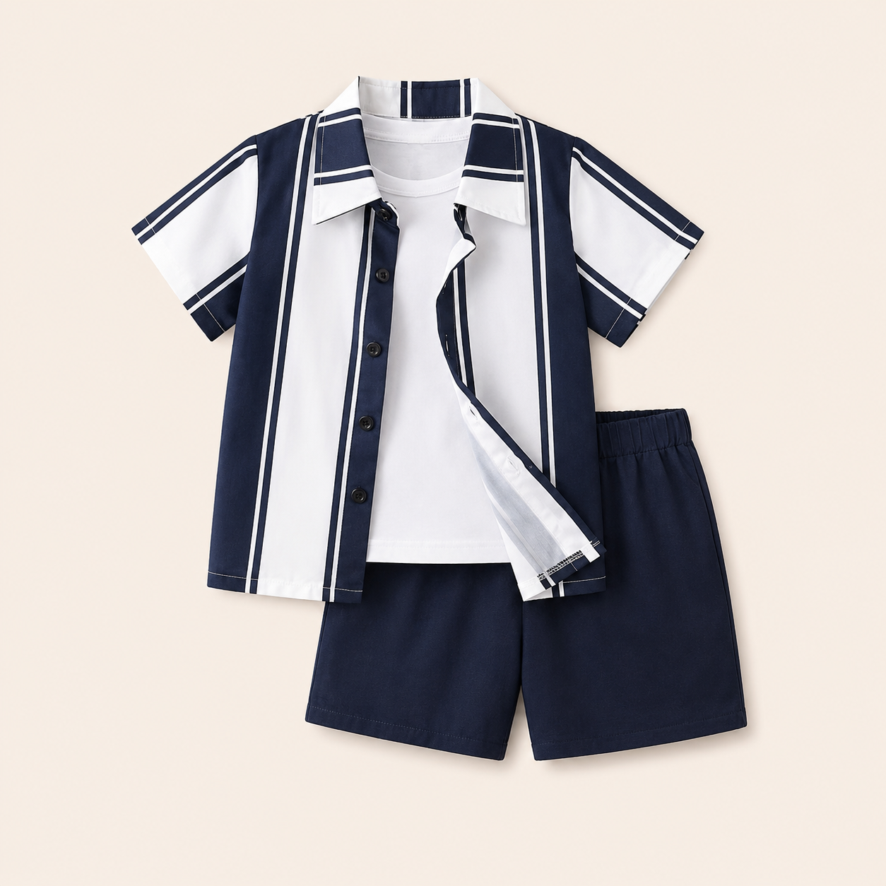 Jongens zomerset 2-delig – marine gestreept overhemd met donkerblauwe shorts