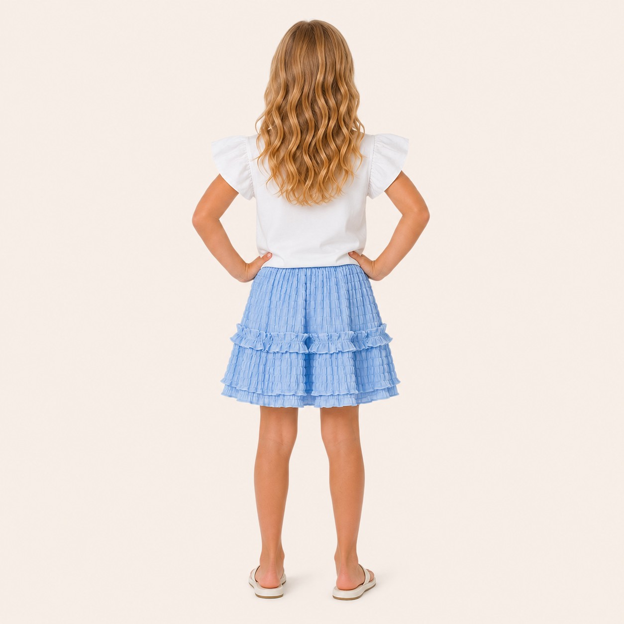 Meisjes 2-delige Set met Strik Topje en Gelaagde Rok | Blauw-Wit