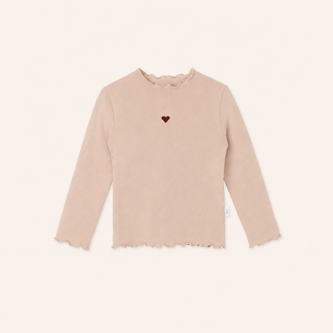 Meisjes Geribde Basic Top met Hartborduursel - Beige