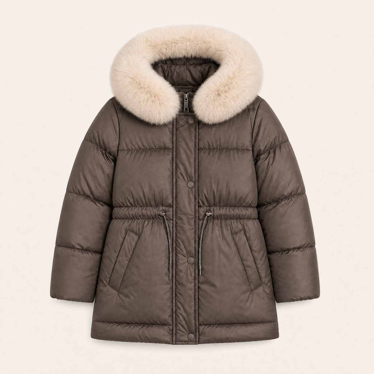 Gewatteerde winterjas met bontkraag - bruin