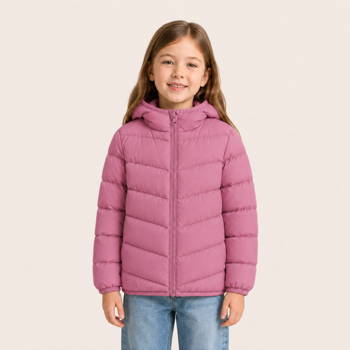 Meisje in lichtgewicht donsjack - roze - voorkant