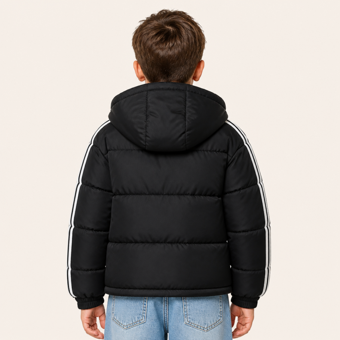 Jongen 9 jaar in gewatteerde jas met streepdetail - zwart - achterkant