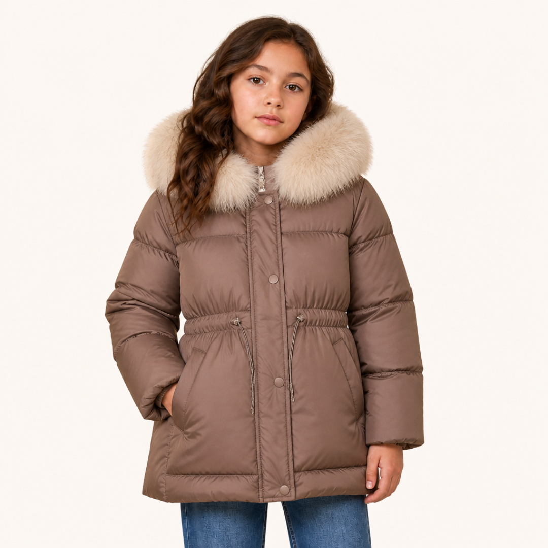 Meisje 10 jaar in gewatteerde winterjas met bontkraag - karamel - voorkant