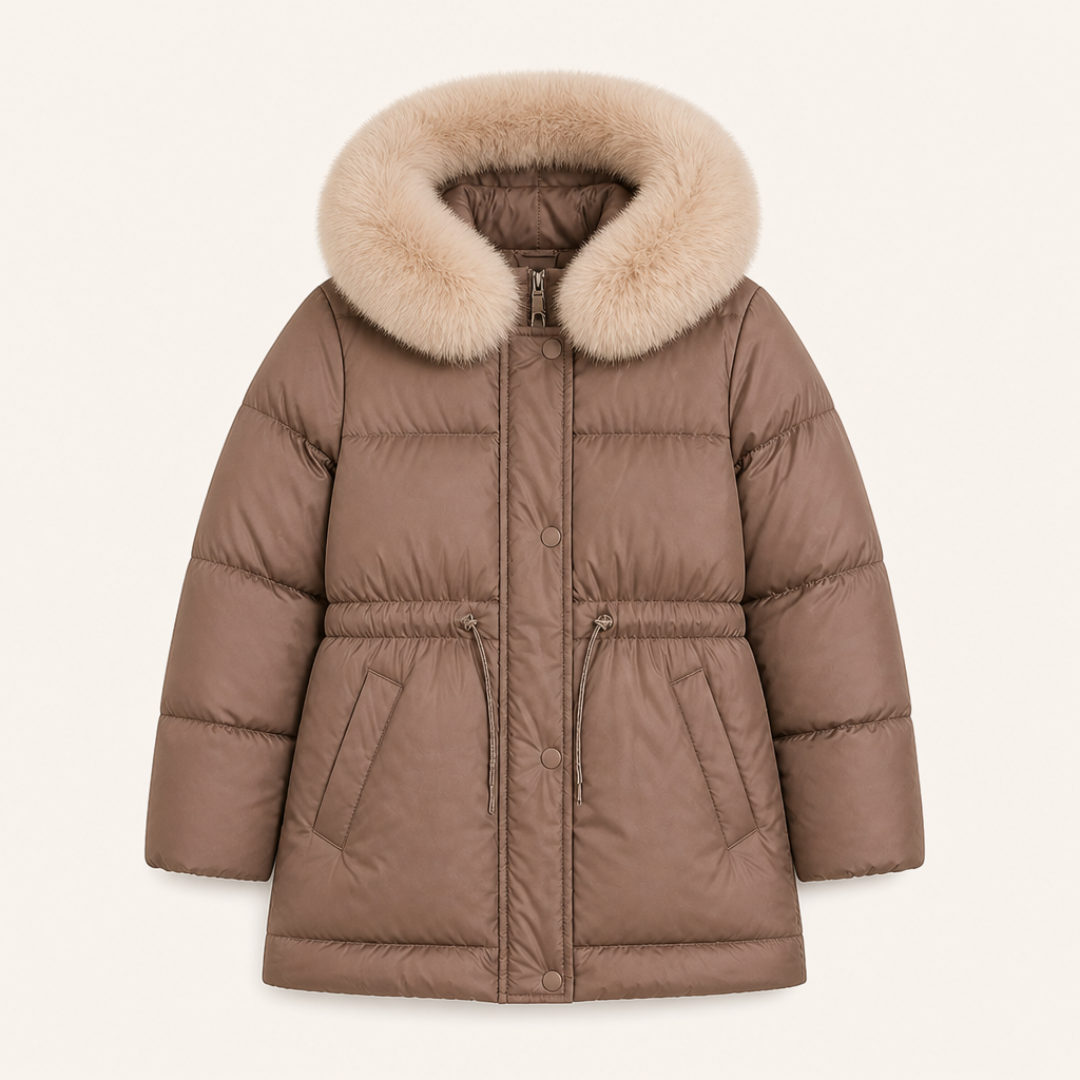 Gewatteerde winterjas met bontkraag - taupe