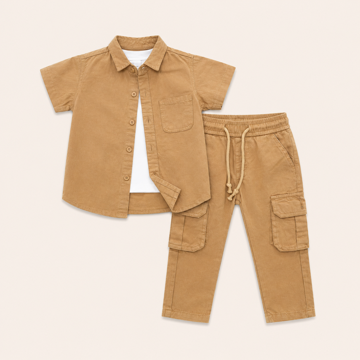 Jongens zomerset 3-delig – overhemd, wit t-shirt en cargo broek in meerdere kleuren