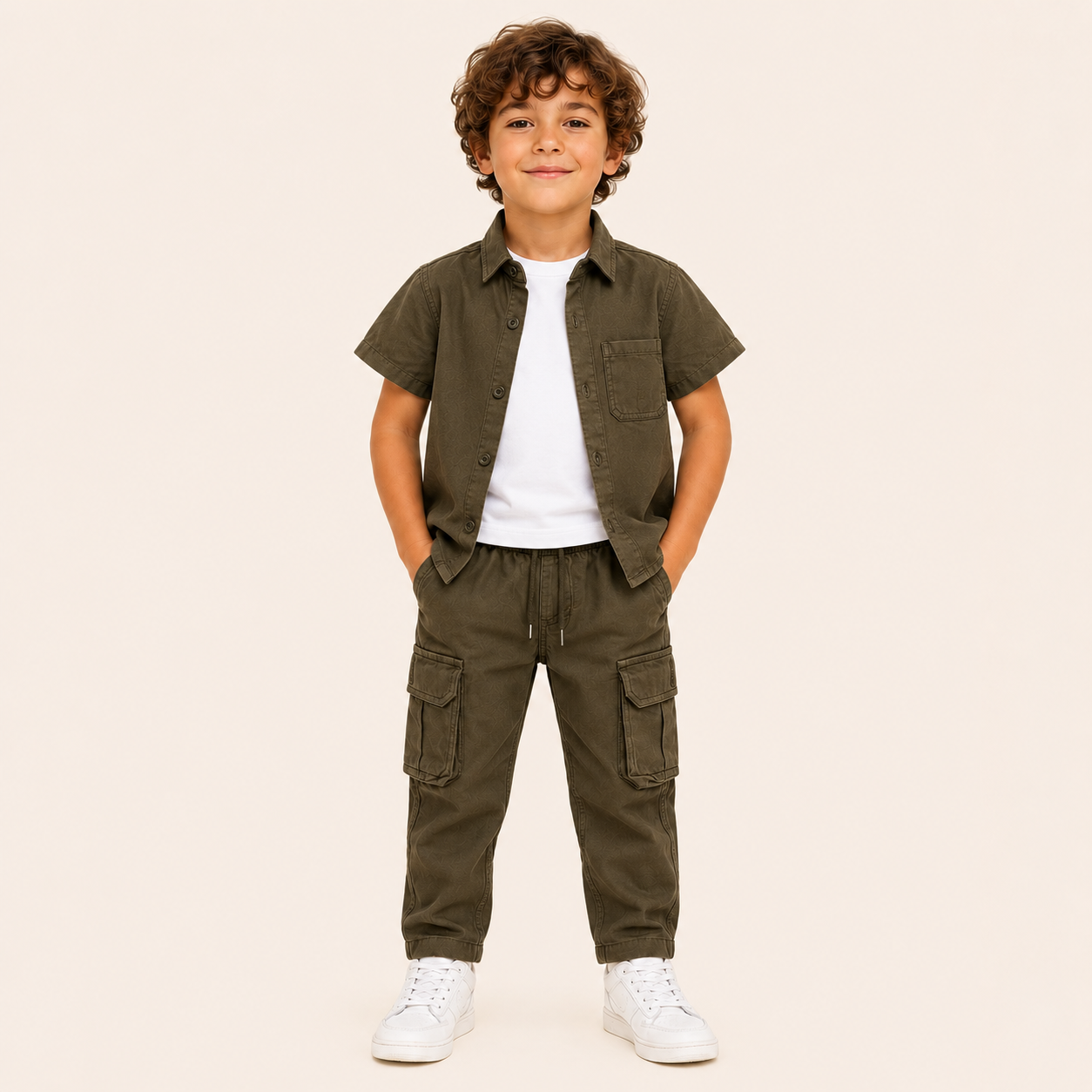 Jongens zomerset 3-delig – overhemd, wit t-shirt en cargo broek in meerdere kleuren