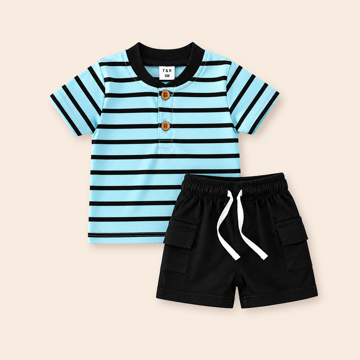 Jongens zomerset 2-delig – marine gestreept shirt met cargo shorts