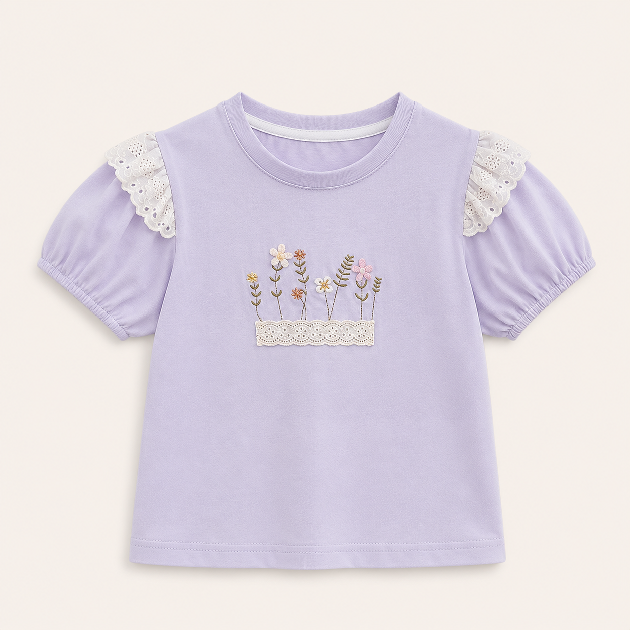 Meisjes T-shirt met Bloemenbordusel en Kanten Rand