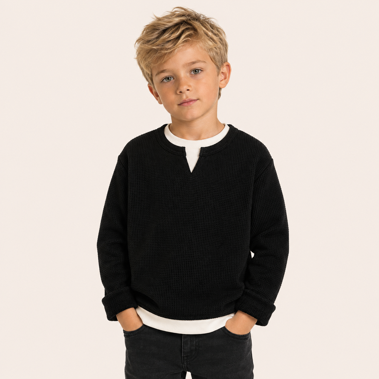 Jongens Wafel Sweatshirt met Ronde Hals | Grijs en Zwart
