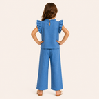 Meisjes zomerset 2-delig – blauw ruffle topje met wide-leg broek