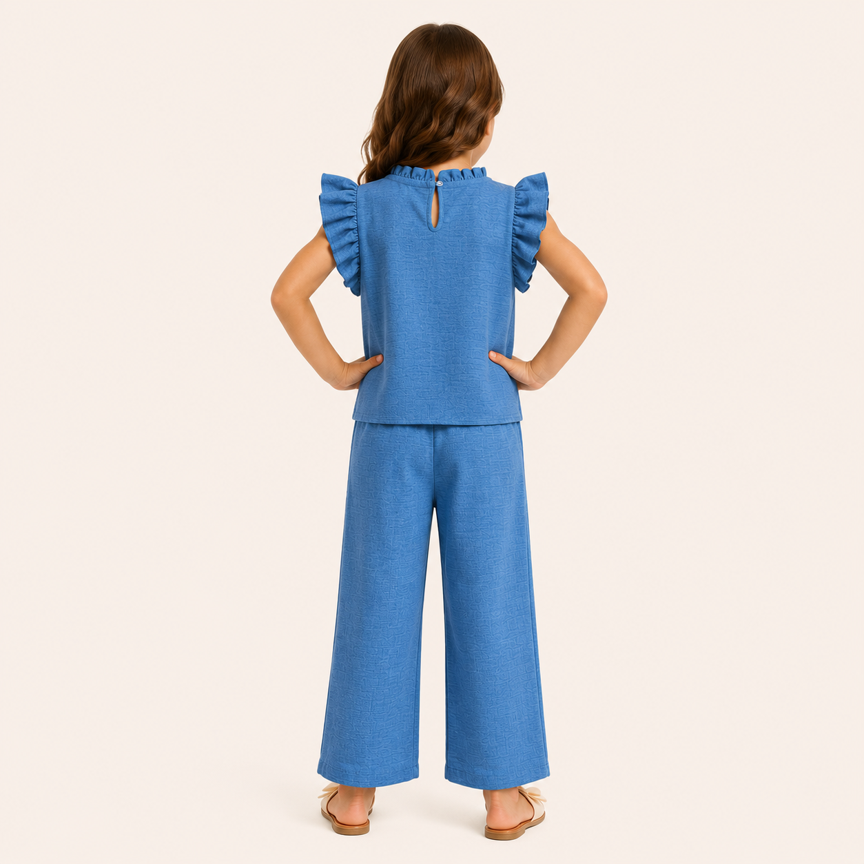 Meisjes zomerset 2-delig – blauw ruffle topje met wide-leg broek