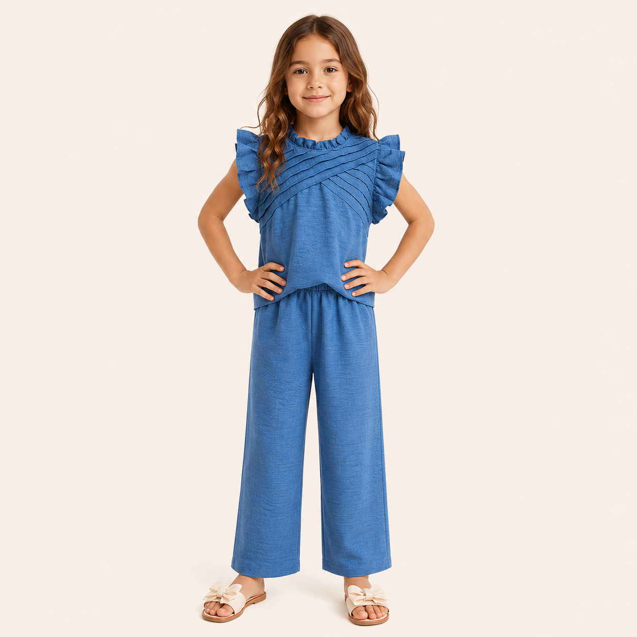Meisjes zomerset 2-delig – blauw ruffle topje met wide-leg broek