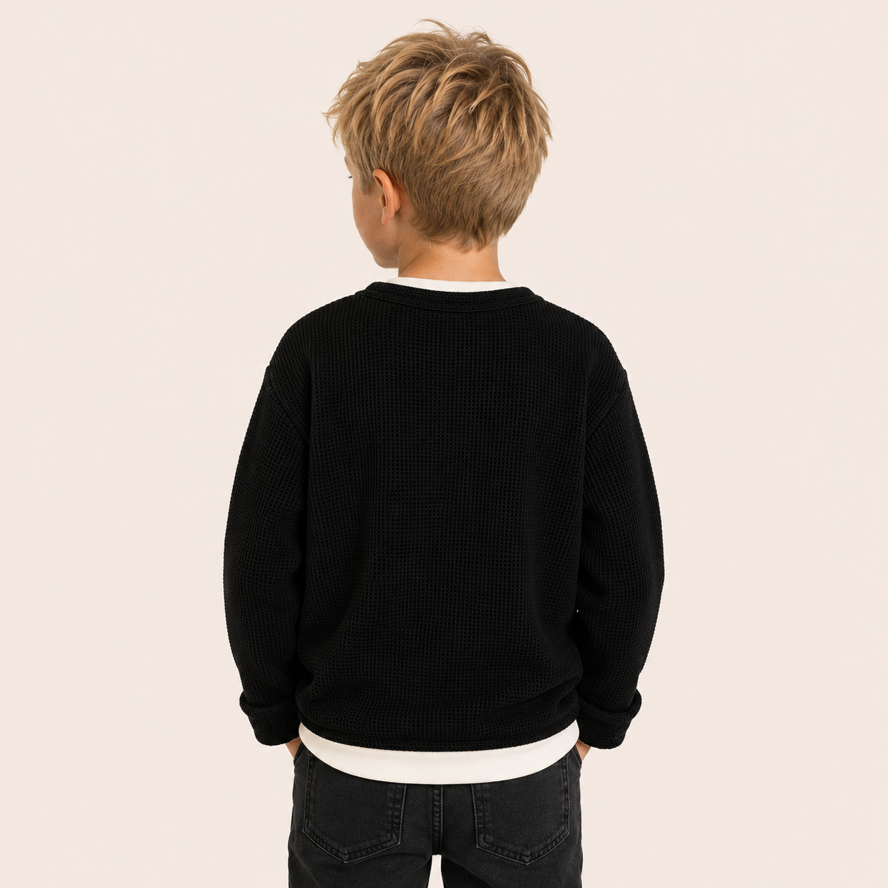 Jongens Wafel Sweatshirt met Ronde Hals | Grijs en Zwart