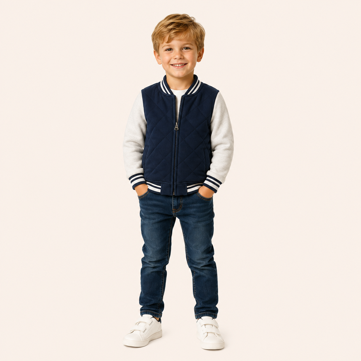 Jongens Baseballjack met Patchwork Mouwen | Marineblauw