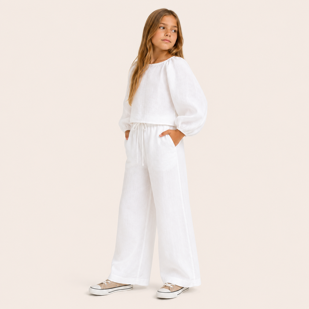 Meisjes 2-delige Linnen Set met Pofmouwen Top en Broek