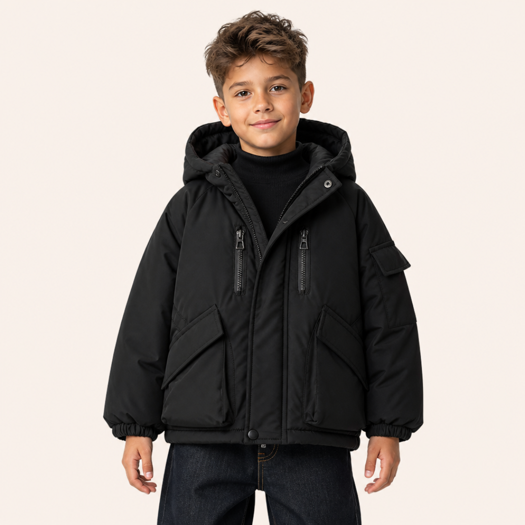 Jongen 10 jaar in gewatteerde parka - zwart - voorkant