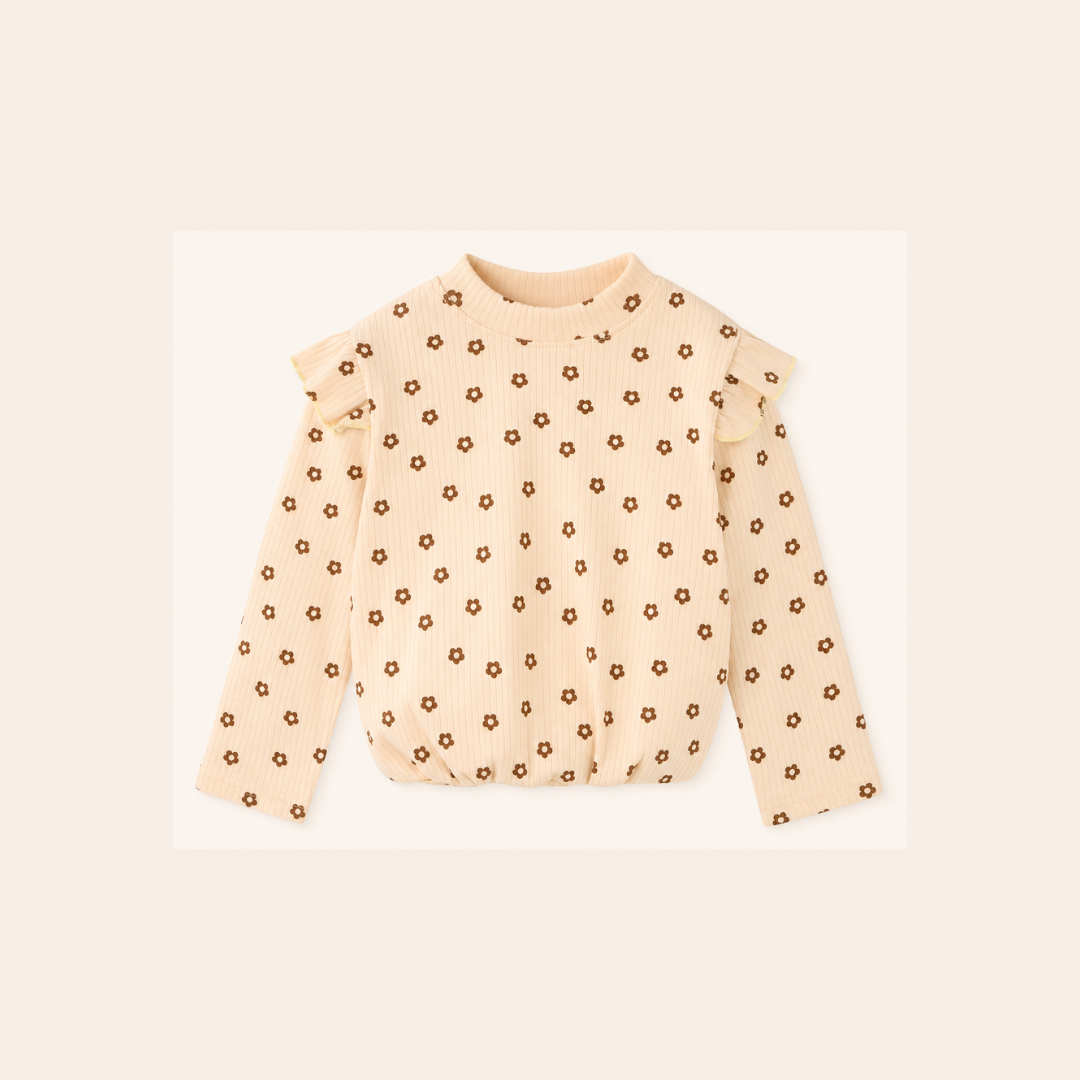 Meisjes Geribde Top met Ruche Schouders - Beige Bloemetjes