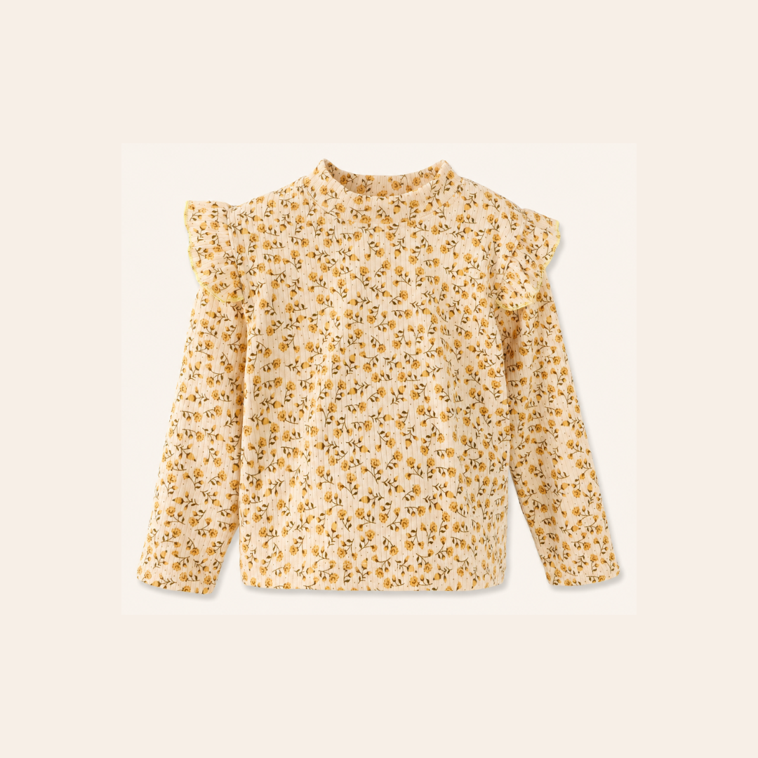 Meisjes Geribde Top met Ruche Schouders - Beige Bloesem