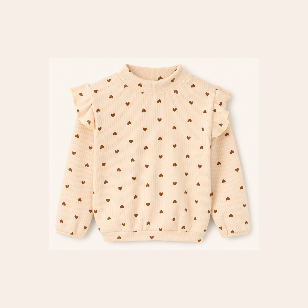 Meisjes Geribde Top met Ruche Schouders - Beige Hartjes