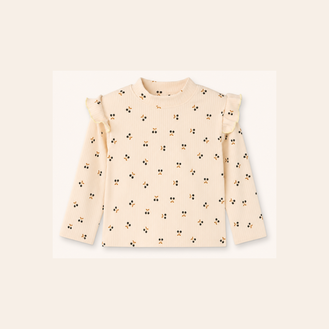 Meisjes Geribde Top met Ruche Schouders - Beige Kersen