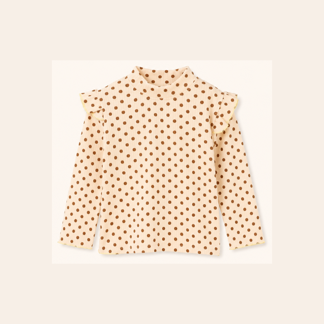 Meisjes Geribde Top met Ruche Schouders - Beige Stippen