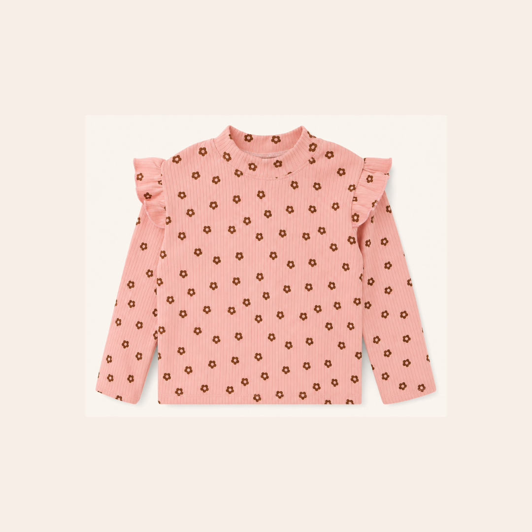 Meisjes Geribde Top met Ruche Schouders - Roze Bloemetjes