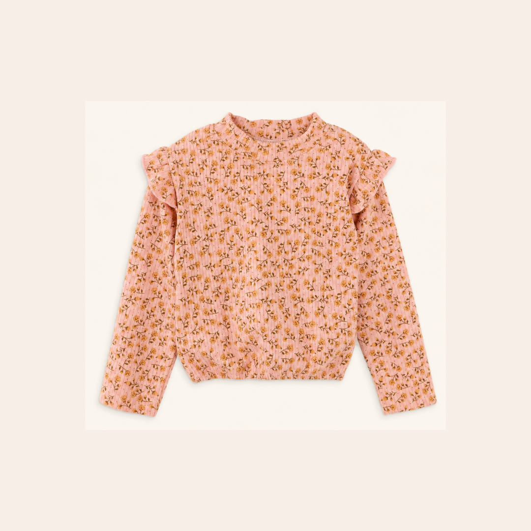 Meisjes Geribde Top met Ruche Schouders - Roze Bloesem