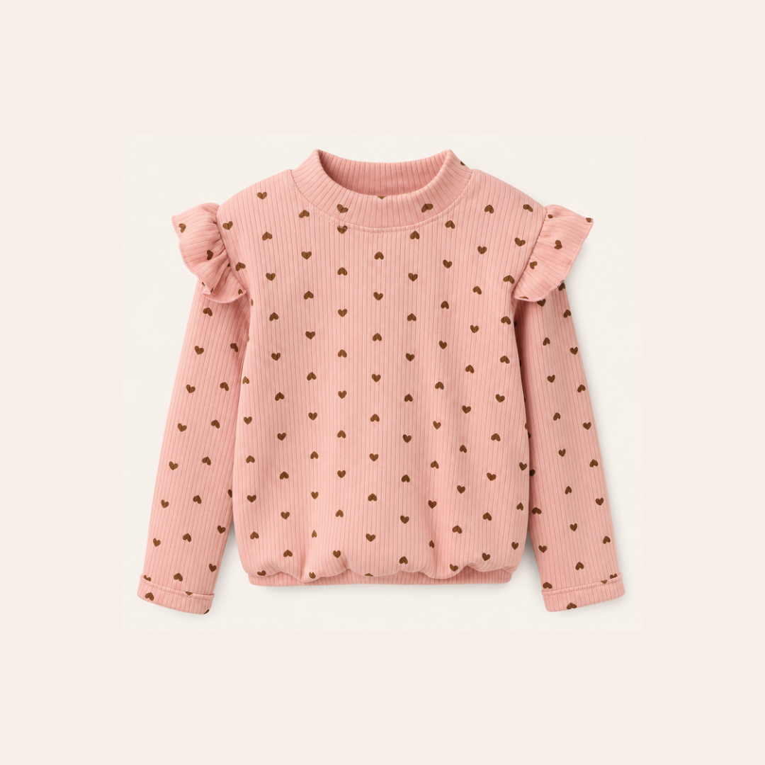 Meisjes Geribde Top met Ruche Schouders - Roze Hartjes
