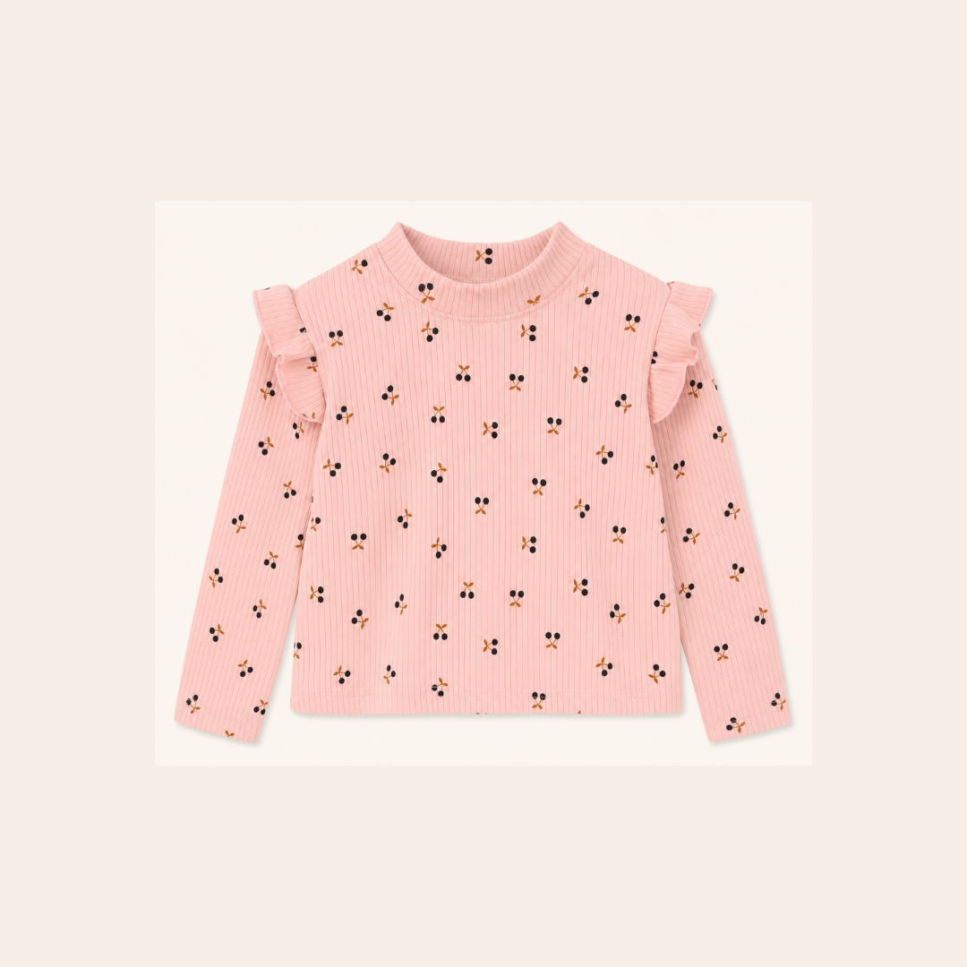 Meisjes Geribde Top met Ruche Schouders - Roze Kersen