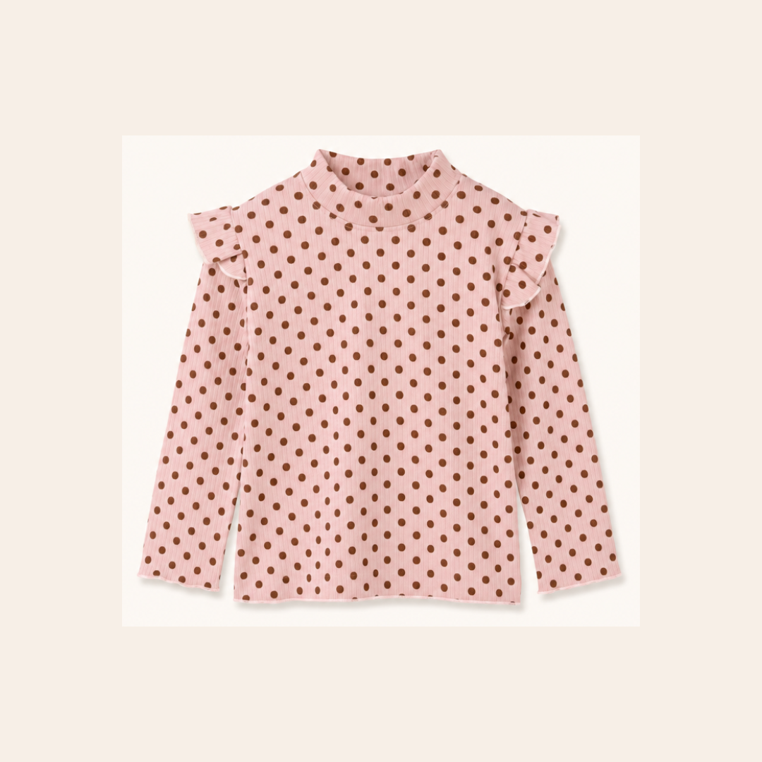 Meisjes Geribde Top met Ruche Schouders - Roze Stippen