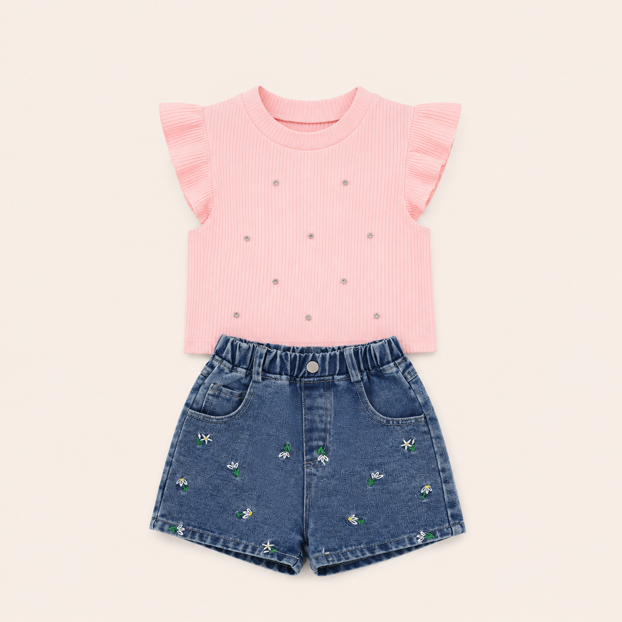 Meisjes zomer set 2-delig – rib top met strass steentjes met denim short