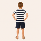 Jongens zomerset 2-delig – marine gestreept shirt met cargo shorts