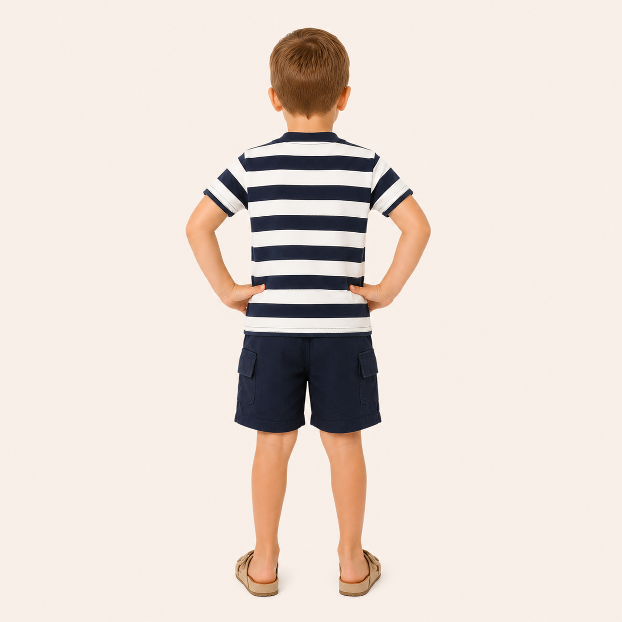 Jongens zomerset 2-delig – marine gestreept shirt met cargo shorts