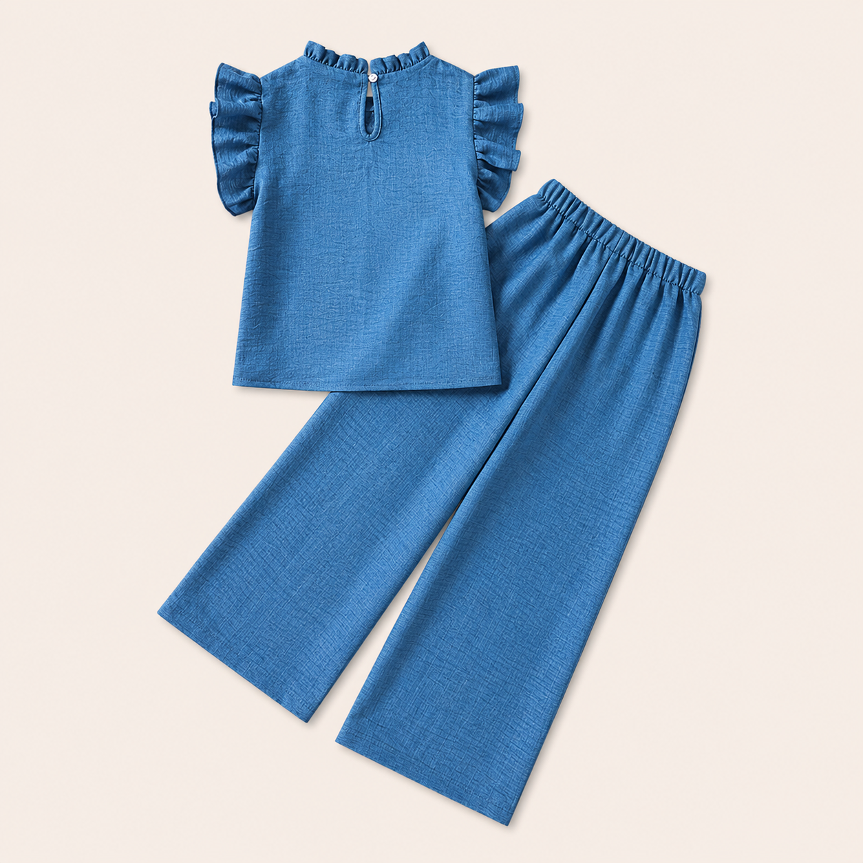 Meisjes zomerset 2-delig – blauw ruffle topje met wide-leg broek