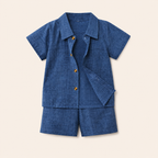 Jongens zomerset 2-delig – blauw overhemd met klassieke knopen en shorts