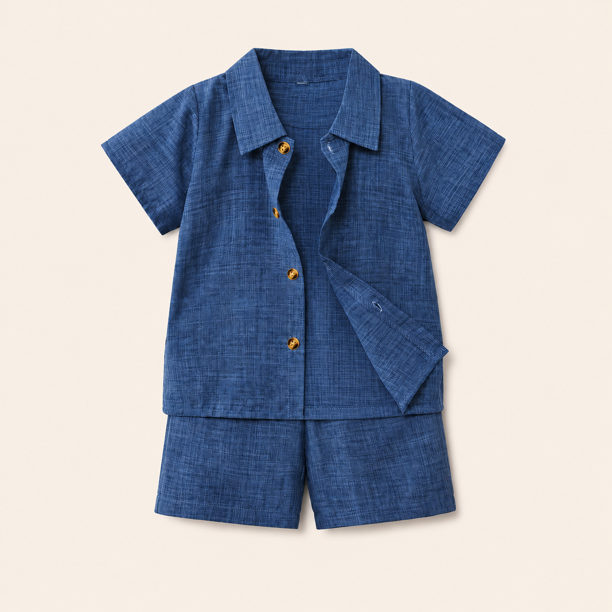 Jongens zomerset 2-delig – blauw overhemd met klassieke knopen en shorts