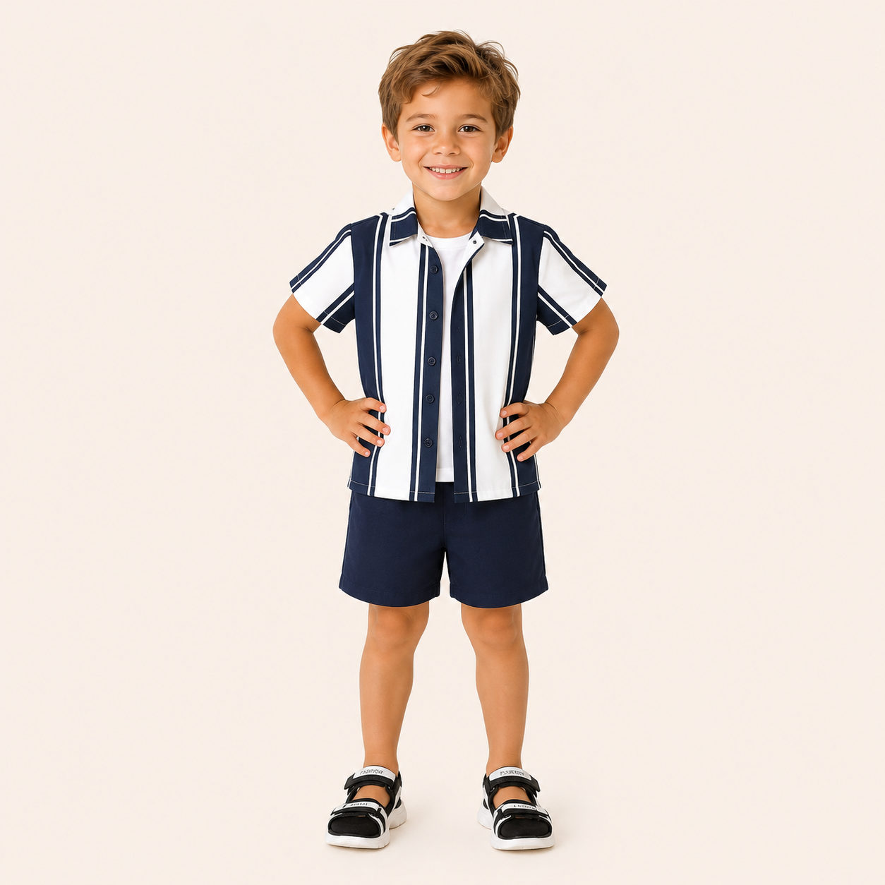 Jongens zomerset 2-delig – marine gestreept overhemd met donkerblauwe shorts