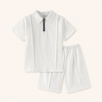Jongens zomerset 2-delig – witte polo met rits en bijpassende shorts