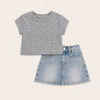 Meisjes set grijs 2-delig – top met strass steentjes & short
