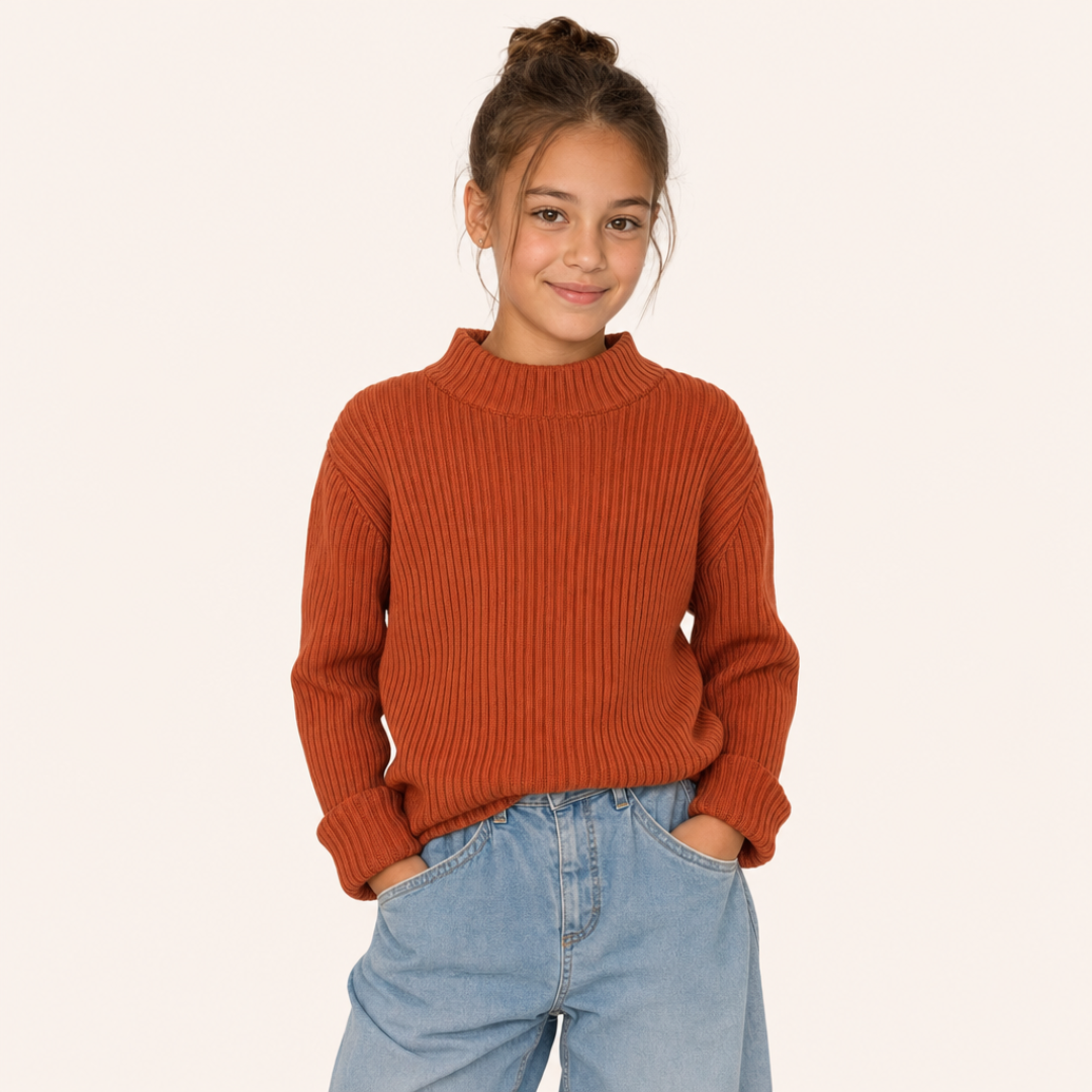 Meisjes Ribgebreide Trui met Halfhoge Kraag - Model voorkant
