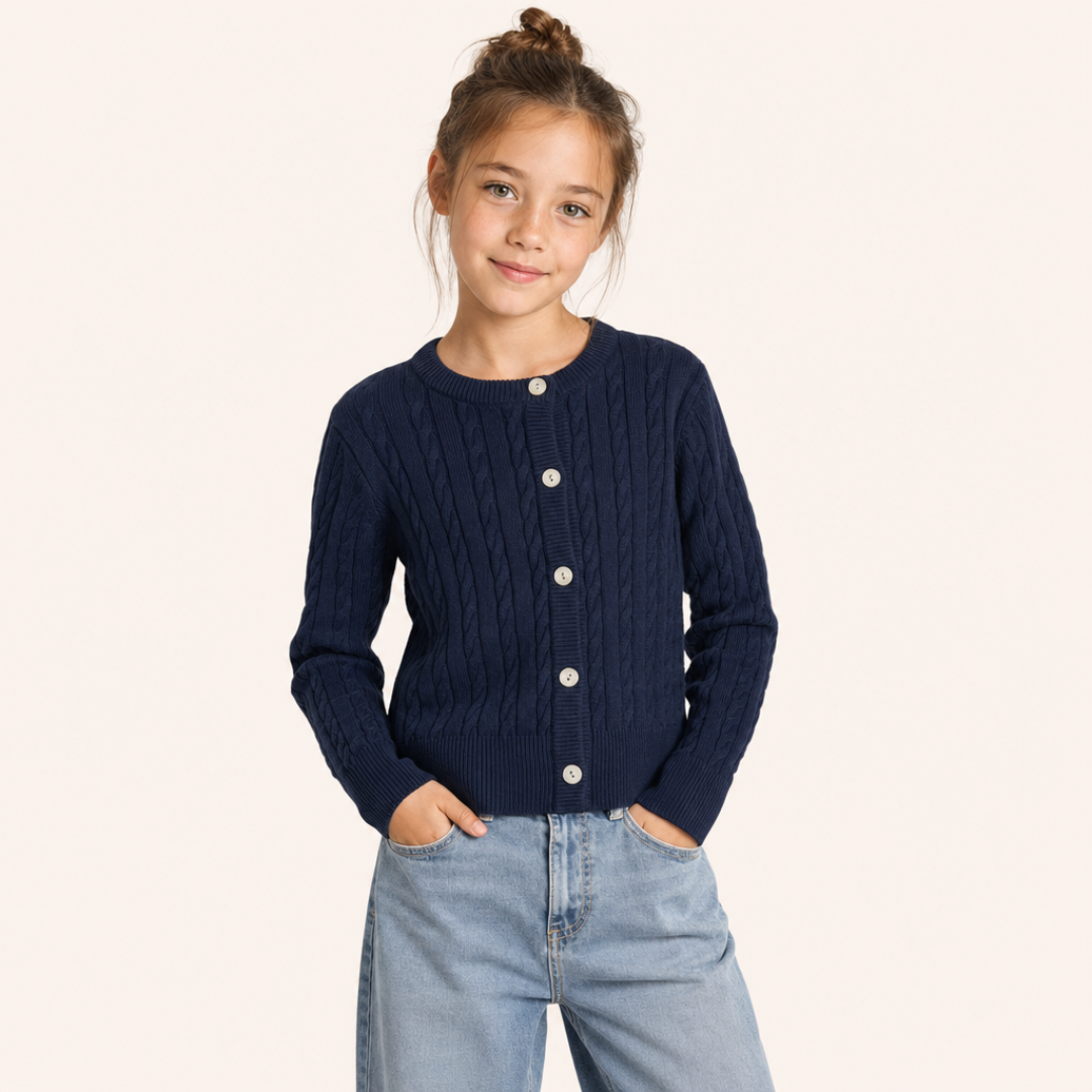 Meisjes Kabelgebreid Vest met Ronde Hals - Model voorkant