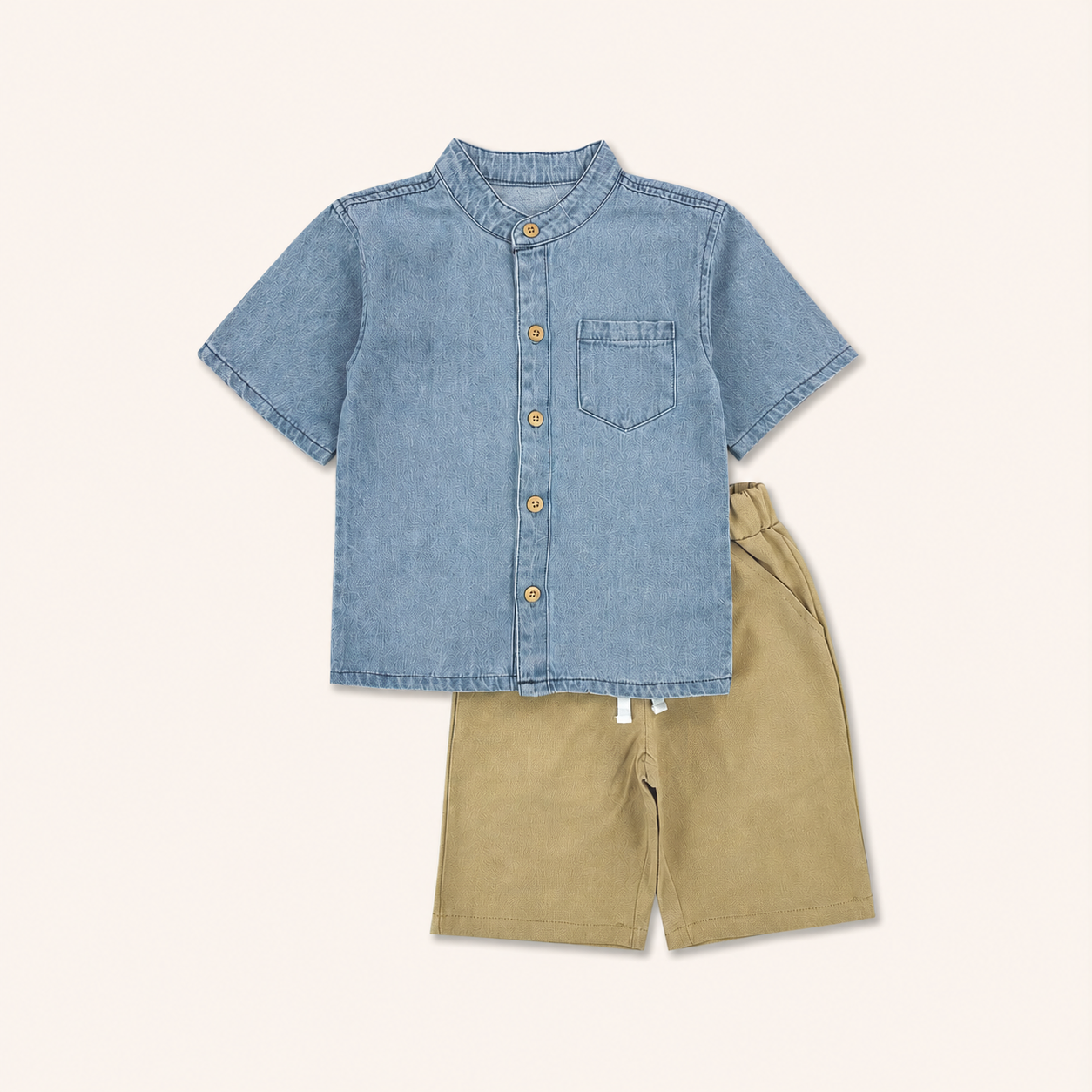 Jongens zomerset 2-delig – denim overhemd met beige shorts