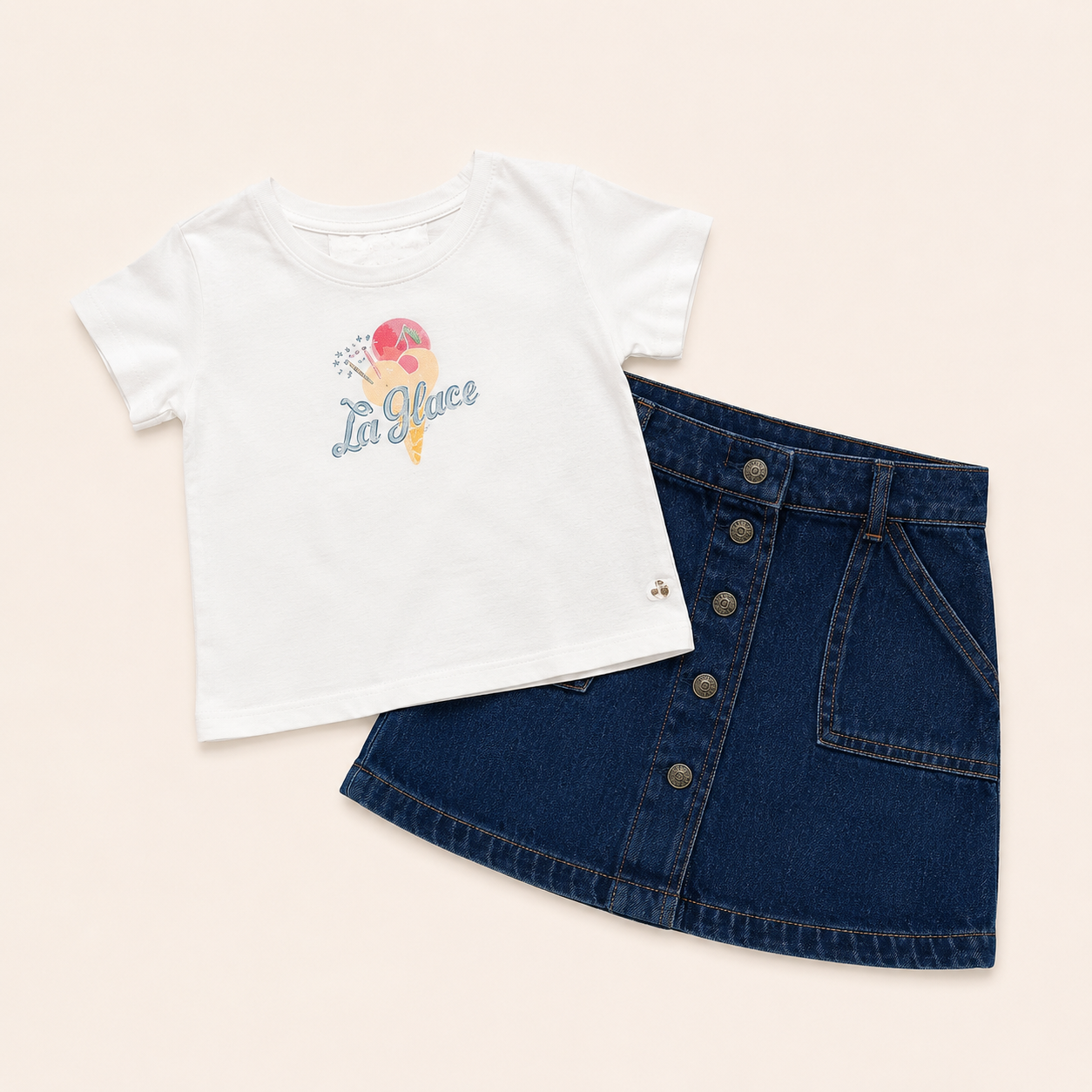 2-Delige Meisjesset met IJsprint T-shirt en Denim Rok