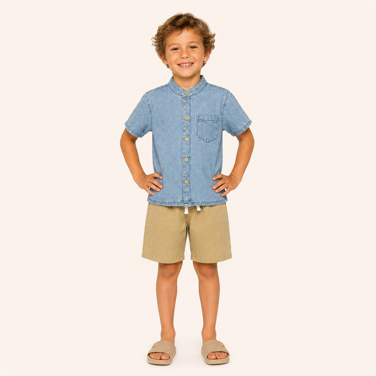 Jongens zomerset 2-delig – denim overhemd met beige shorts