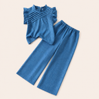 Meisjes zomerset 2-delig – blauw ruffle topje met wide-leg broek