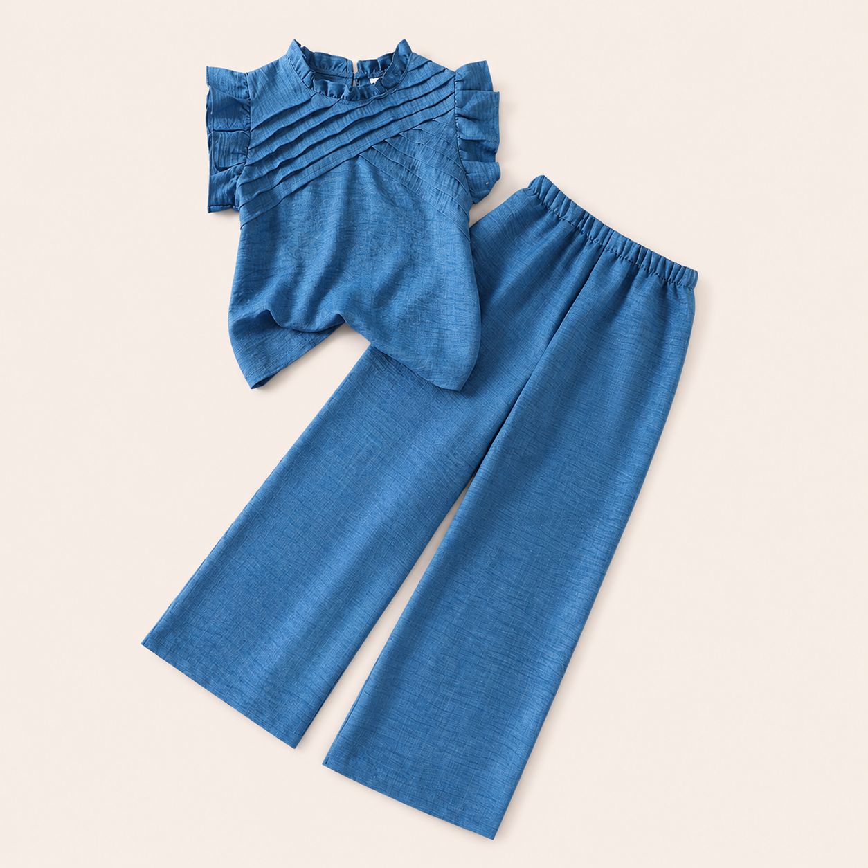 Meisjes zomerset 2-delig – blauw ruffle topje met wide-leg broek
