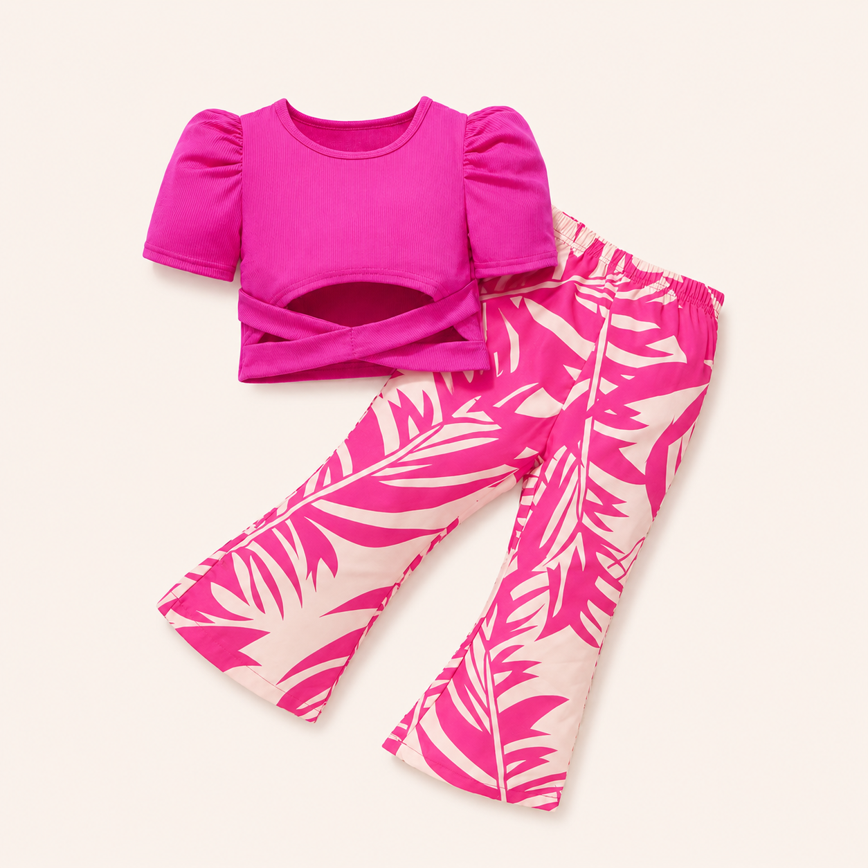 Meisjes zomerset 2- delig - roze top met tropische flare broek