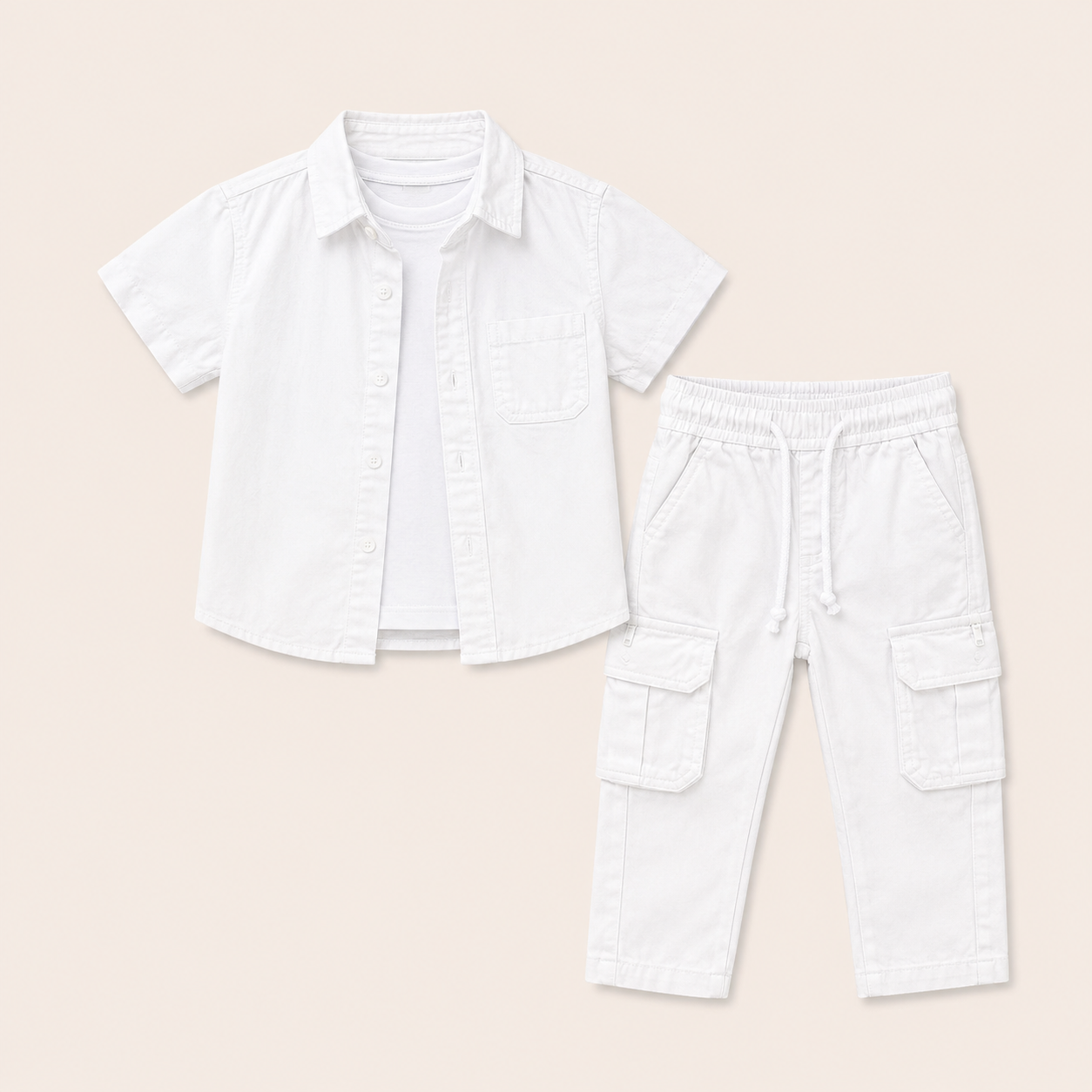 Jongens zomerset 3-delig – overhemd, wit t-shirt en cargo broek in meerdere kleuren