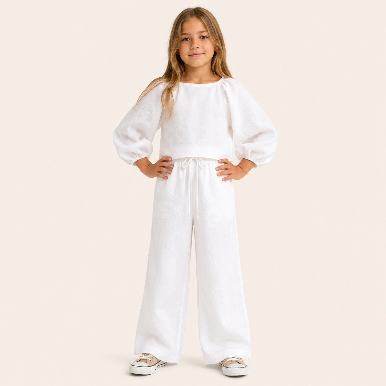 Meisjes 2-delige Linnen Set met Pofmouwen Top en Broek